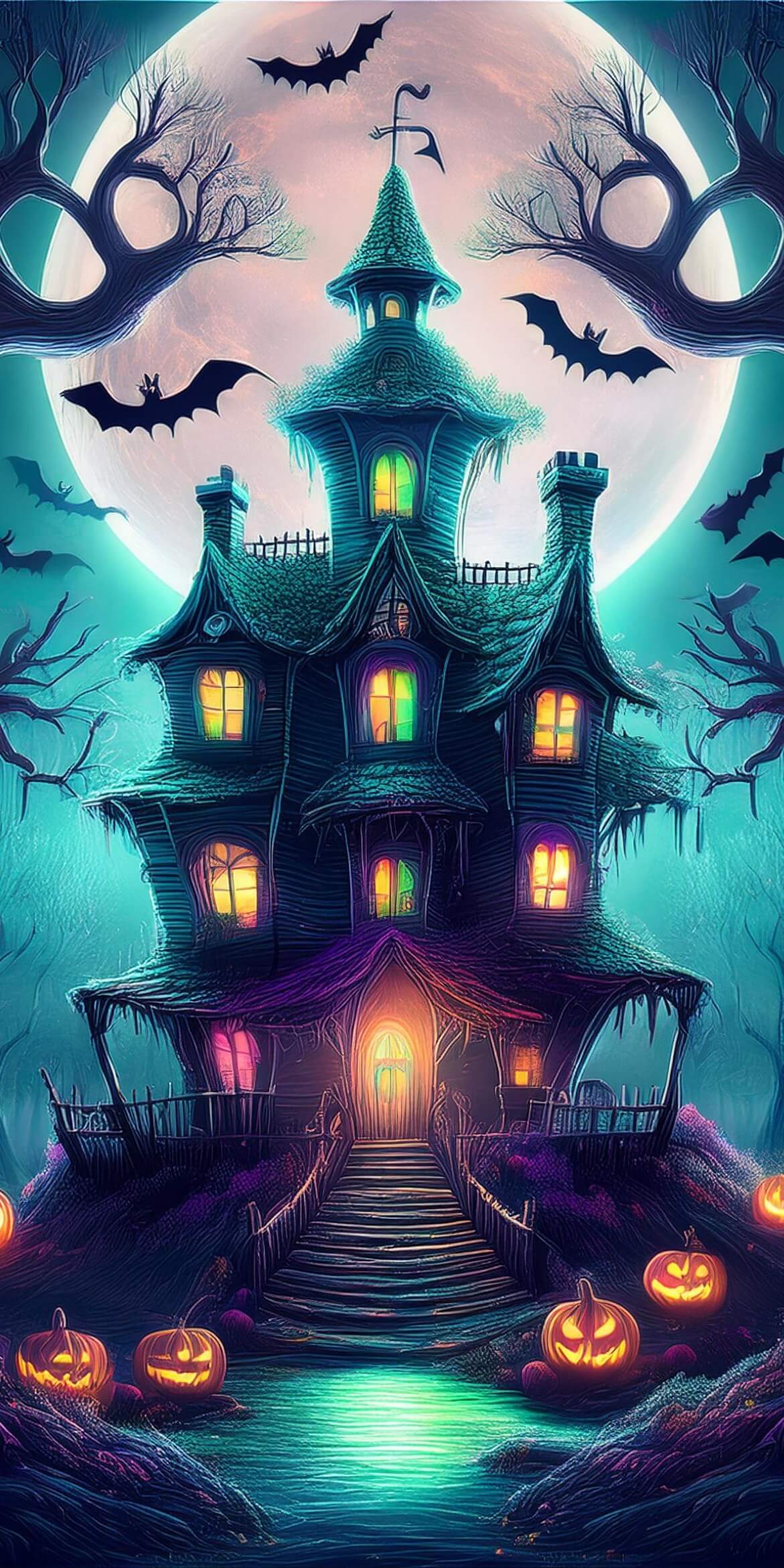 107+ Free Halloween Wallpapers To Download 48 halloween haunted house giant moon bats purple