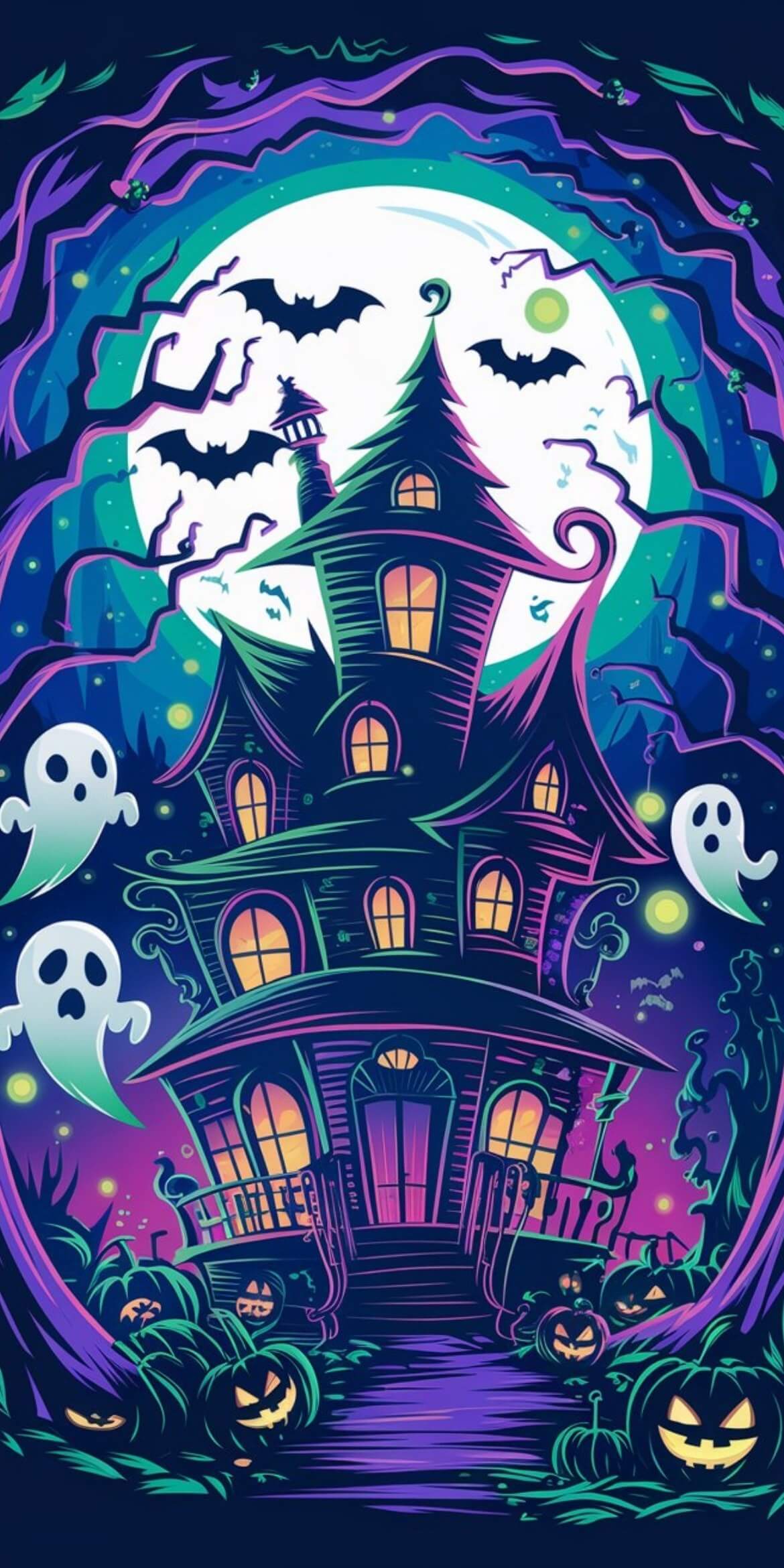 107+ Free Halloween Wallpapers To Download 45 halloween haunted house purple green ghosts bats
