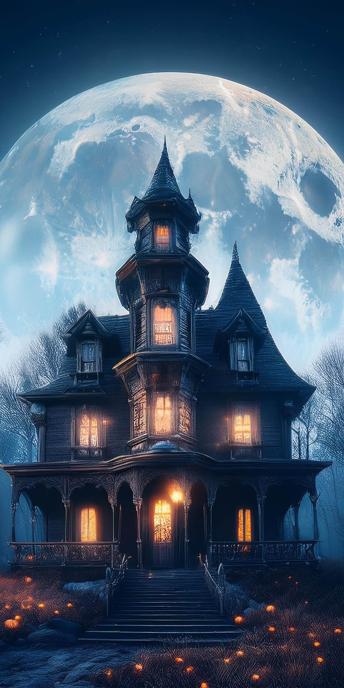 107+ Free Halloween Wallpapers To Download 44 halloween haunted house with giant moon behind dark blue