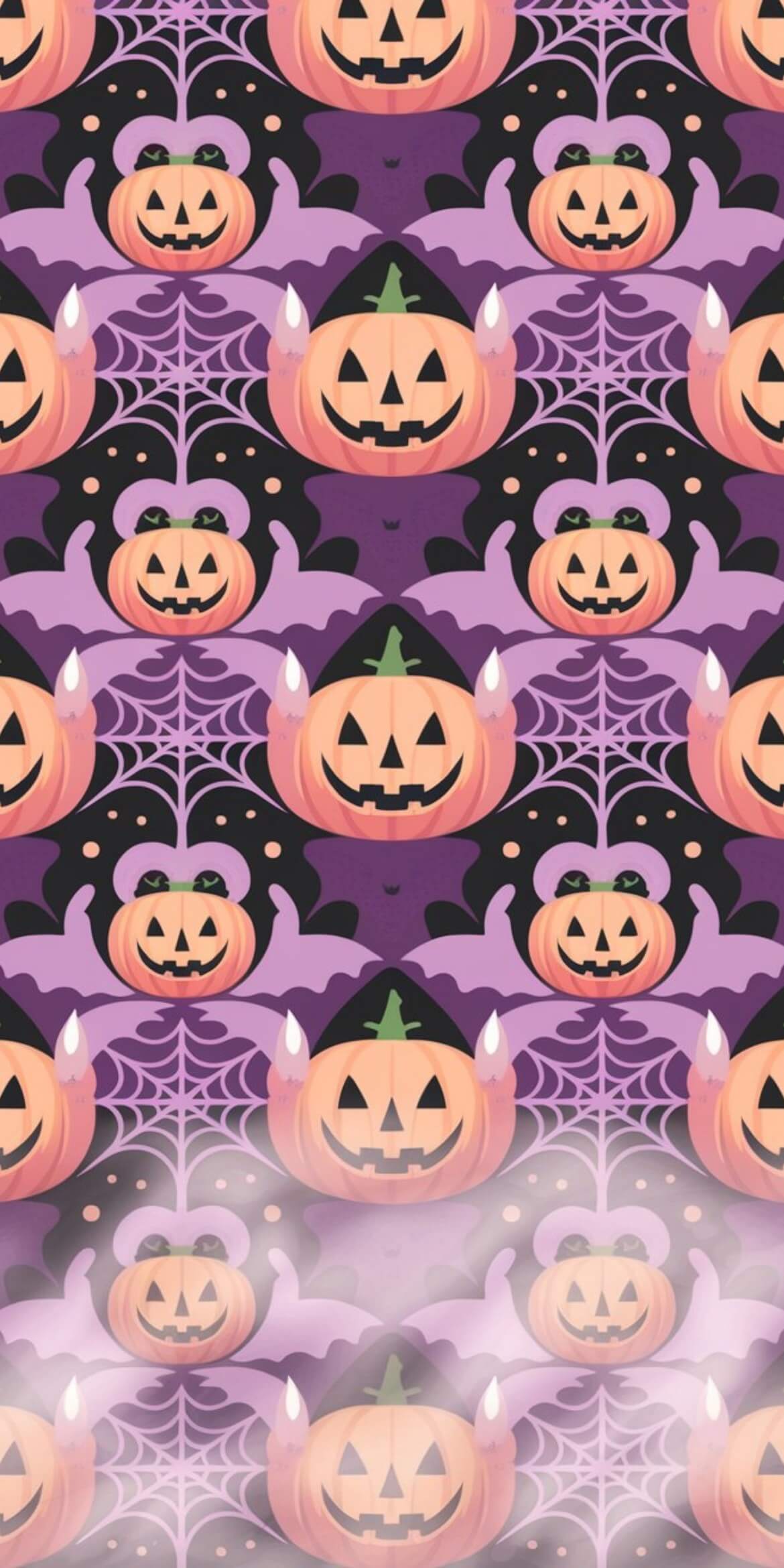 107+ Free Halloween Wallpapers To Download 18 Halloween-themed pattern featuring smiling jack-o'-lanterns, purple bats, and spiderwebs. Background is dark with a misty, atmospheric effect.