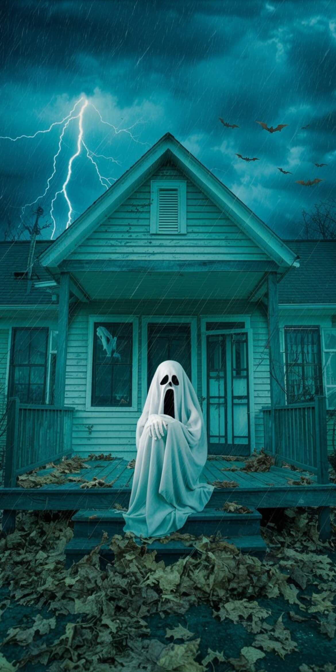 107+ Free Halloween Wallpapers To Download 37 halloween sad ghost long mouth stairs front house lightning bats rain