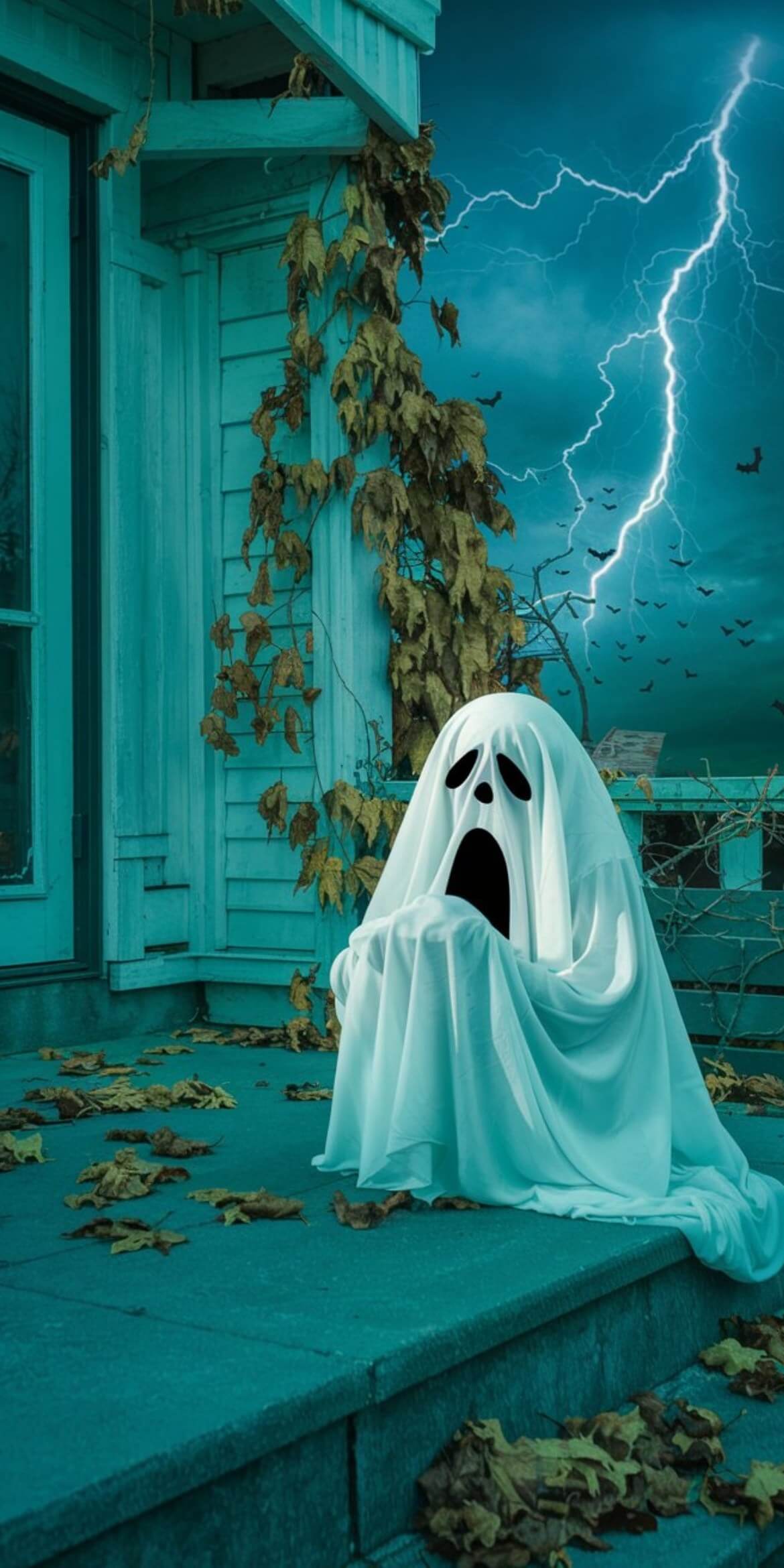 107+ Free Halloween Wallpapers To Download 38 halloween sad ghost sitting house front stairs lightning bats