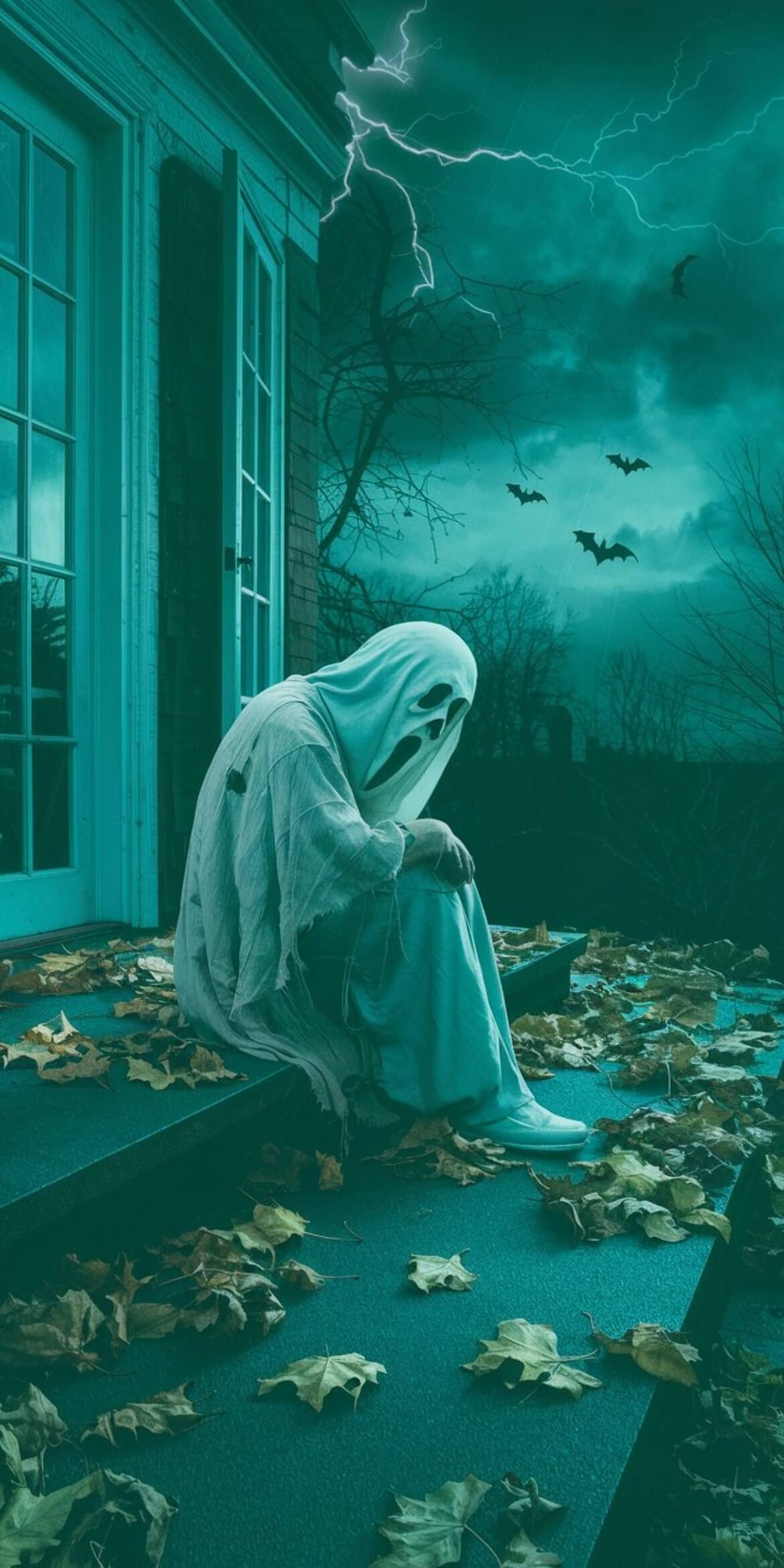 107+ Free Halloween Wallpapers To Download 39 halloween sad ghost sitting on stairs house front bats lightning