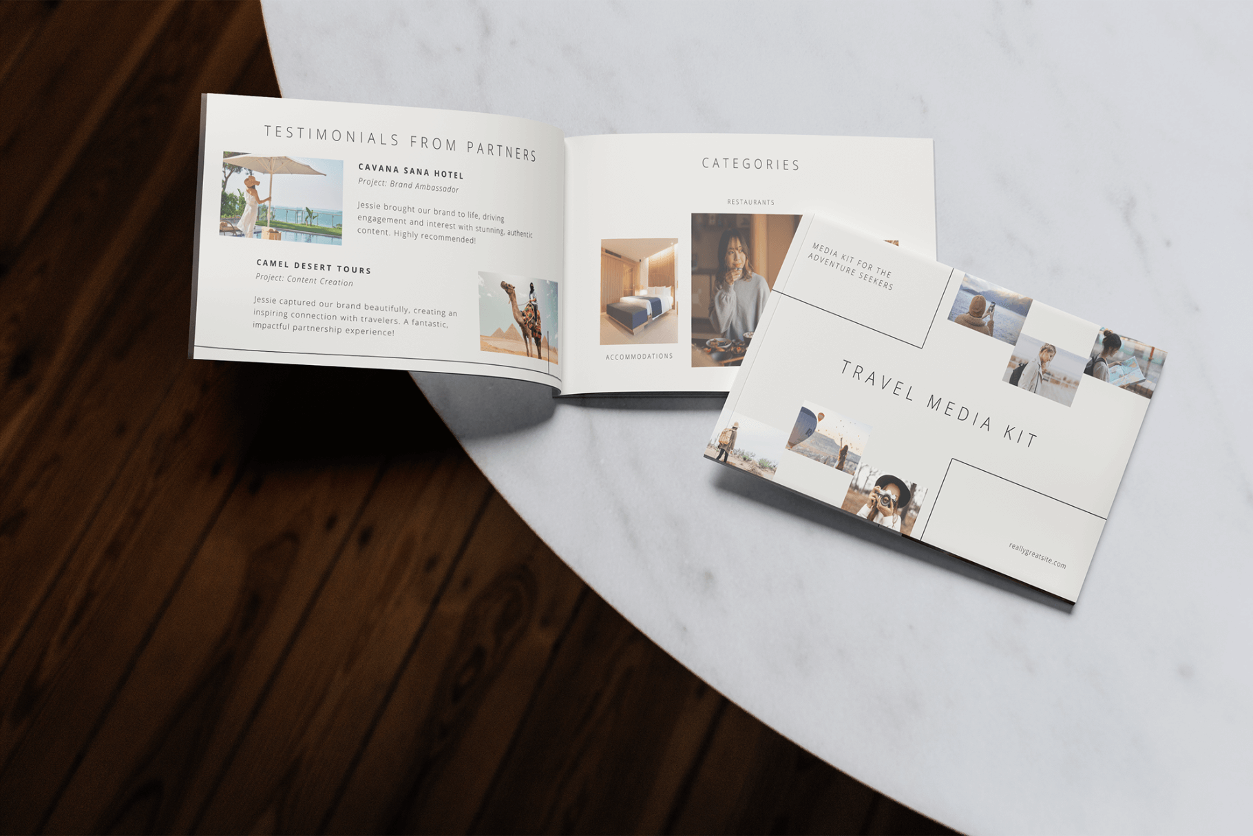 travel blogger media kit slide deck cover in magazine mockup on a marble table