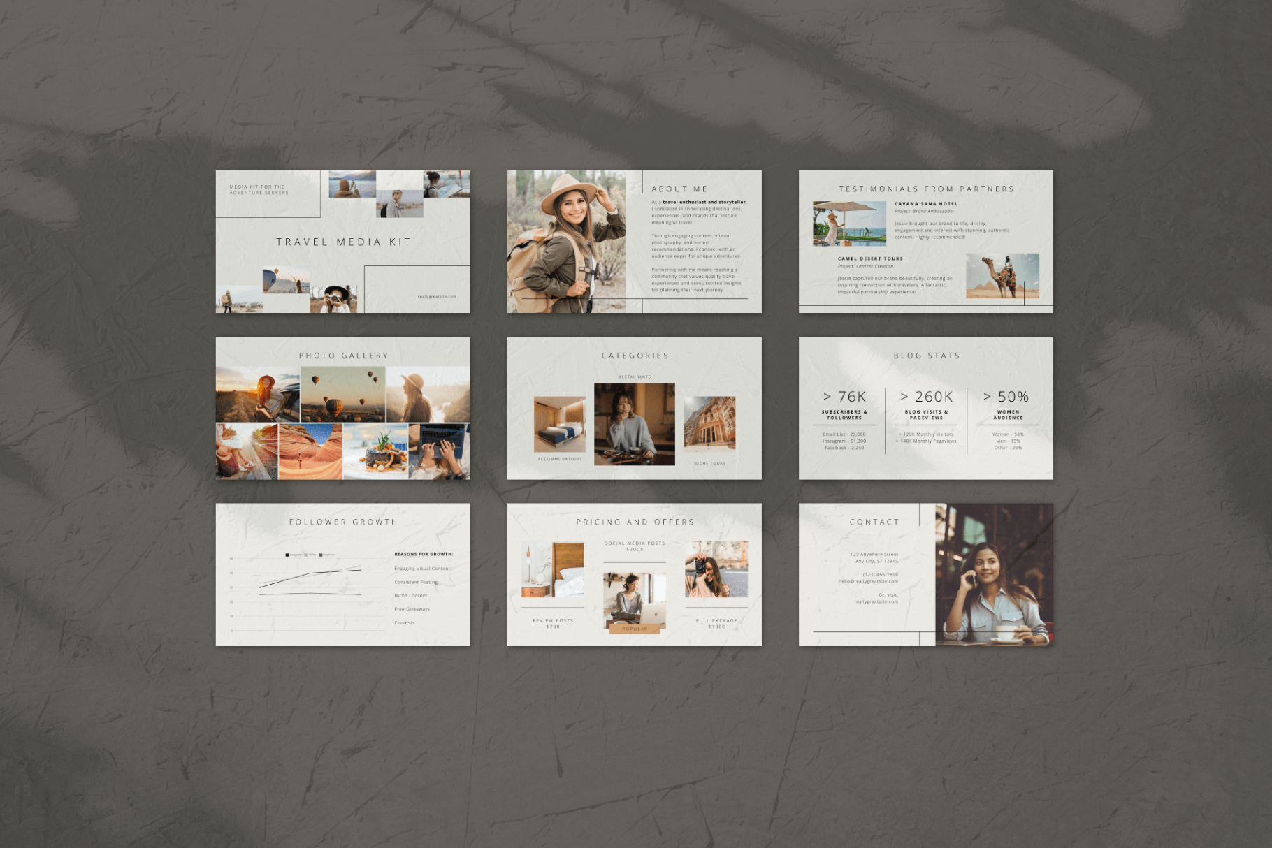 travel blogger media kit slide deck selected pages layout on shadow wall