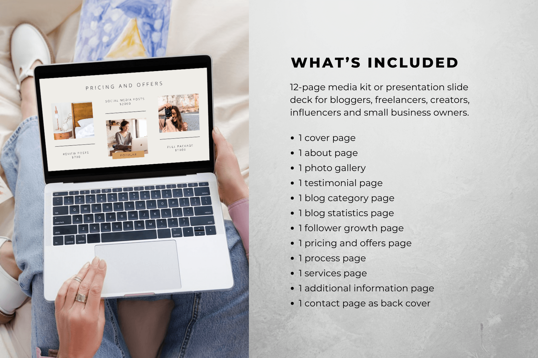 woman sitting down browsing travel blogger media kit slide deck in mac laptop mockup