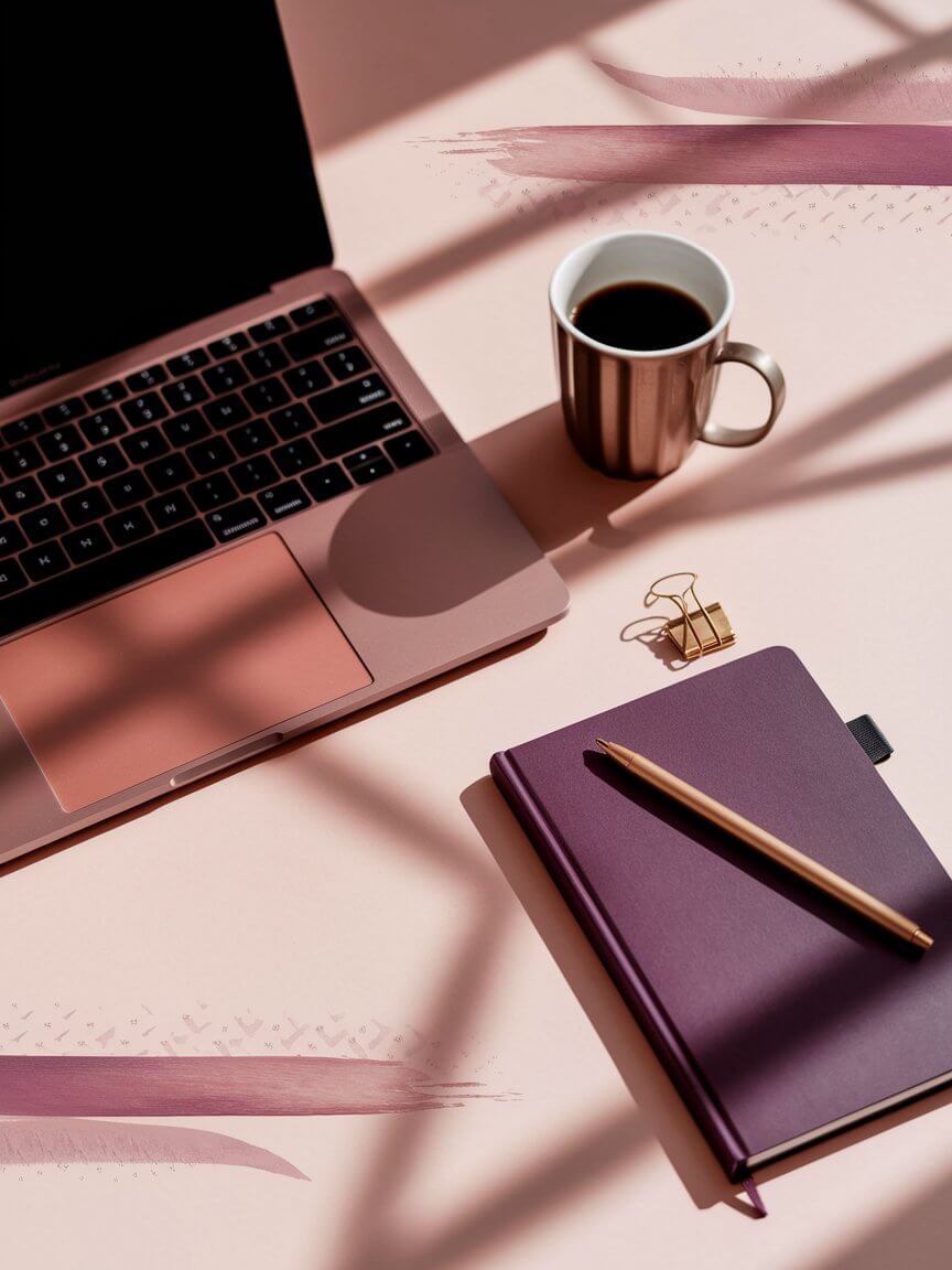 A laptop, coffee cup, purple notebook, and pen are arranged on a pink surface with artistic shadows and paint strokes.