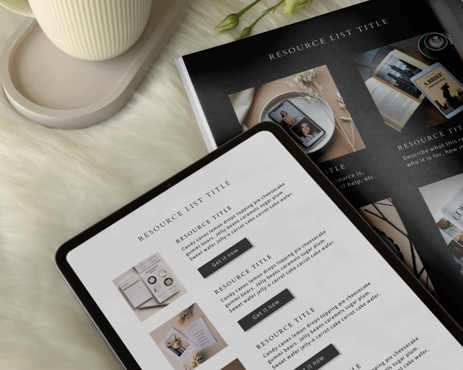Lead Magnet Template Canva | Ebook Freebie Opt-In for Coaches & Creators 6 A tablet displaying a resource list on a fur surface, beside an open magazine and a cup on a tray.