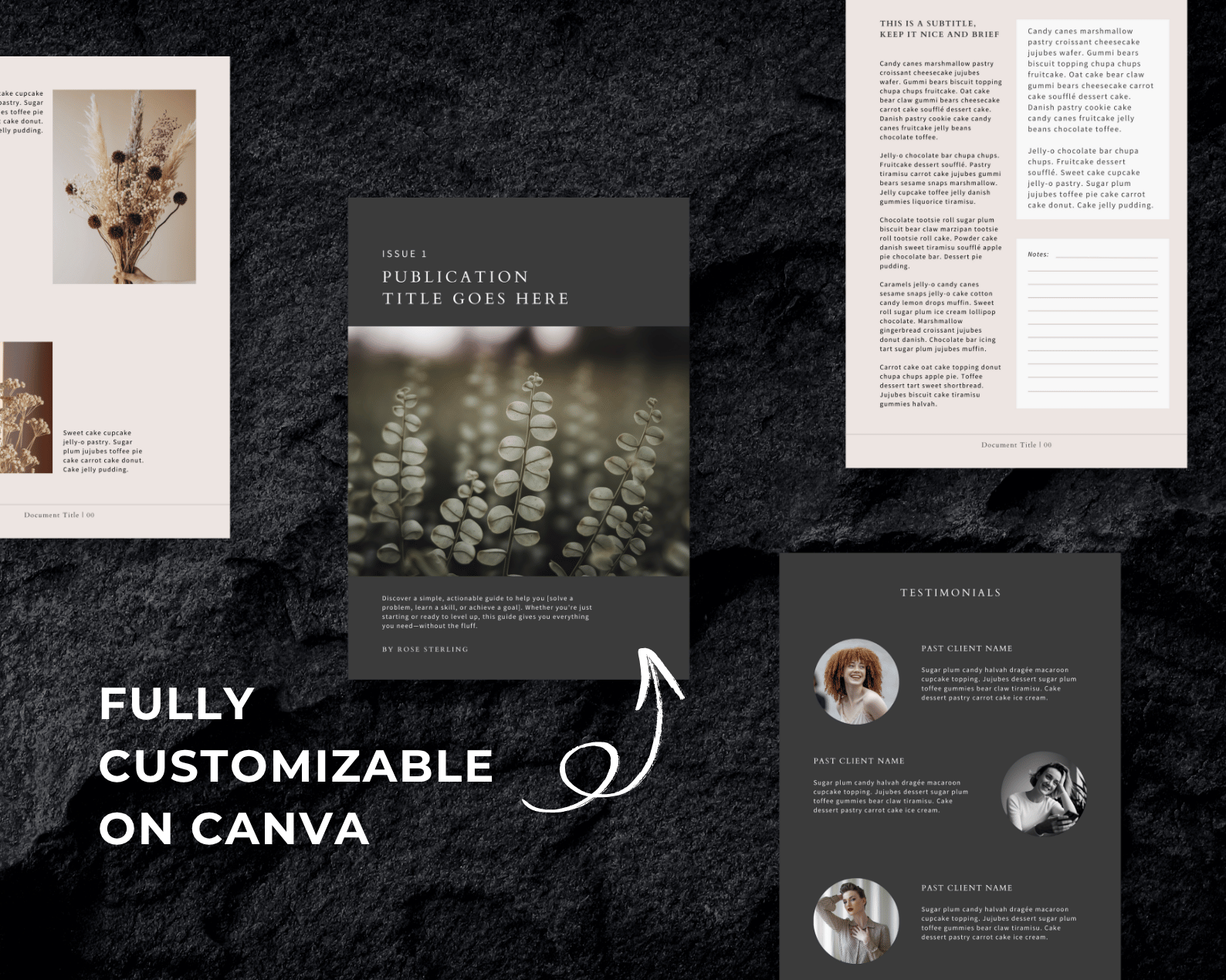Lead Magnet Template Canva | Ebook Freebie Opt-In for Coaches & Creators 8 Magazine design with customizable templates on Canva, featuring floral imagery, testimonials, and text sections, set against a dark textured background.