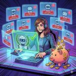 A person with a headset manages digital subscriptions, selecting options on a futuristic screen, while coins fill a nearby piggy bank.