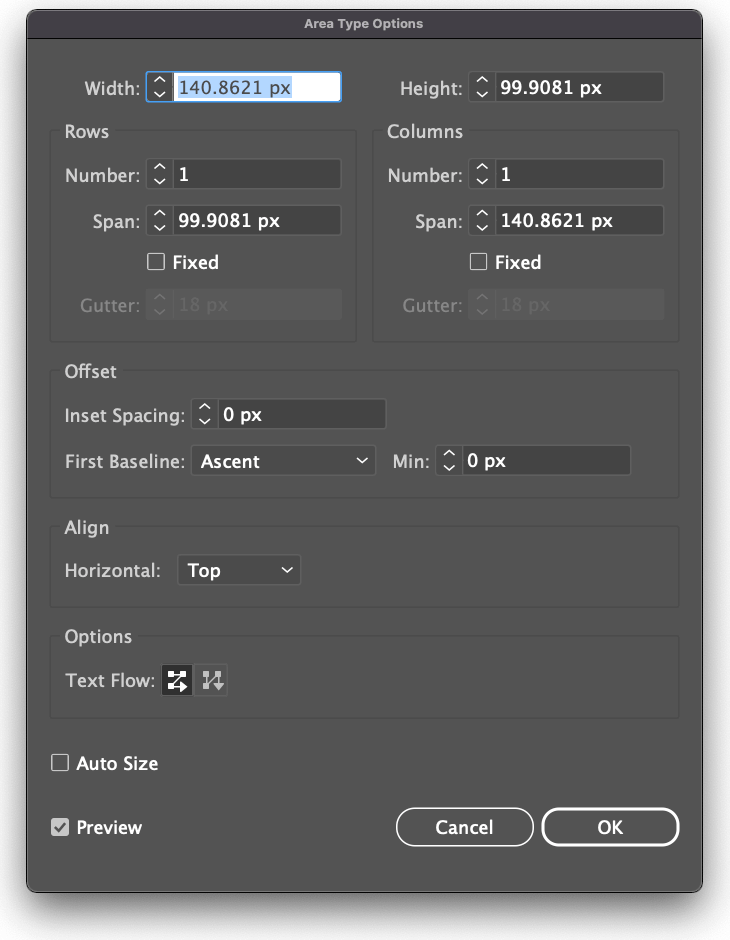 area type options dialog box – how to add text in illustrator