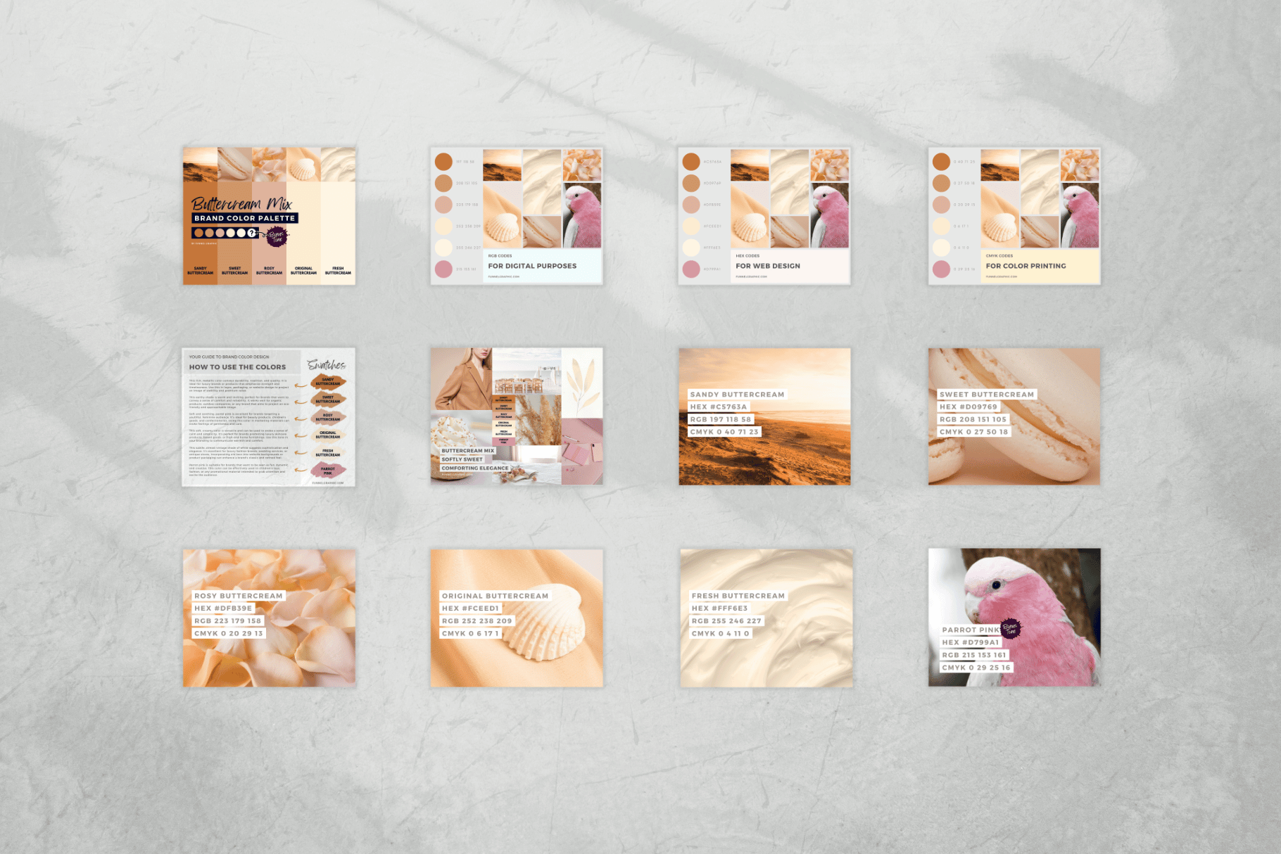 Buttercream Mix Premium Canva Color Palette 7 buttercream tiles with background shadow of leaves