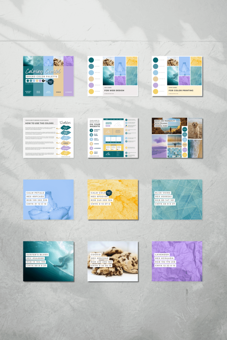 Calming Coastal Premium Canva Color Palette 6 tiles of Calming coastal canva color palettes with shadow of leaves