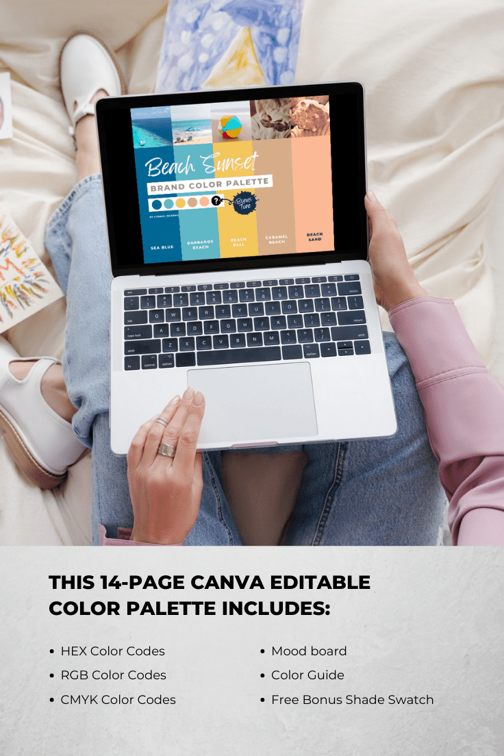 Beach Sunset Premium Canva Color Palette 8 a woman with an opened laptop of beach sunset canva color palette