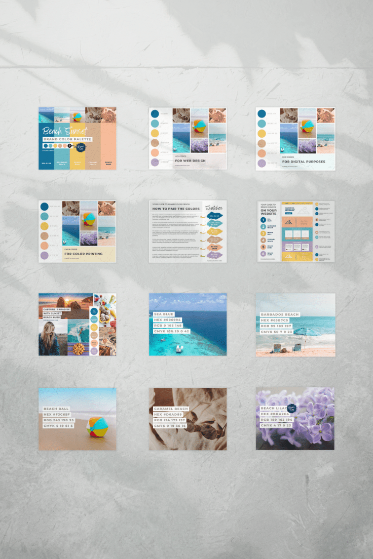 Beach Sunset Premium Canva Color Palette 4 tiles of beach sunset canva color palettes with shadow of leaves