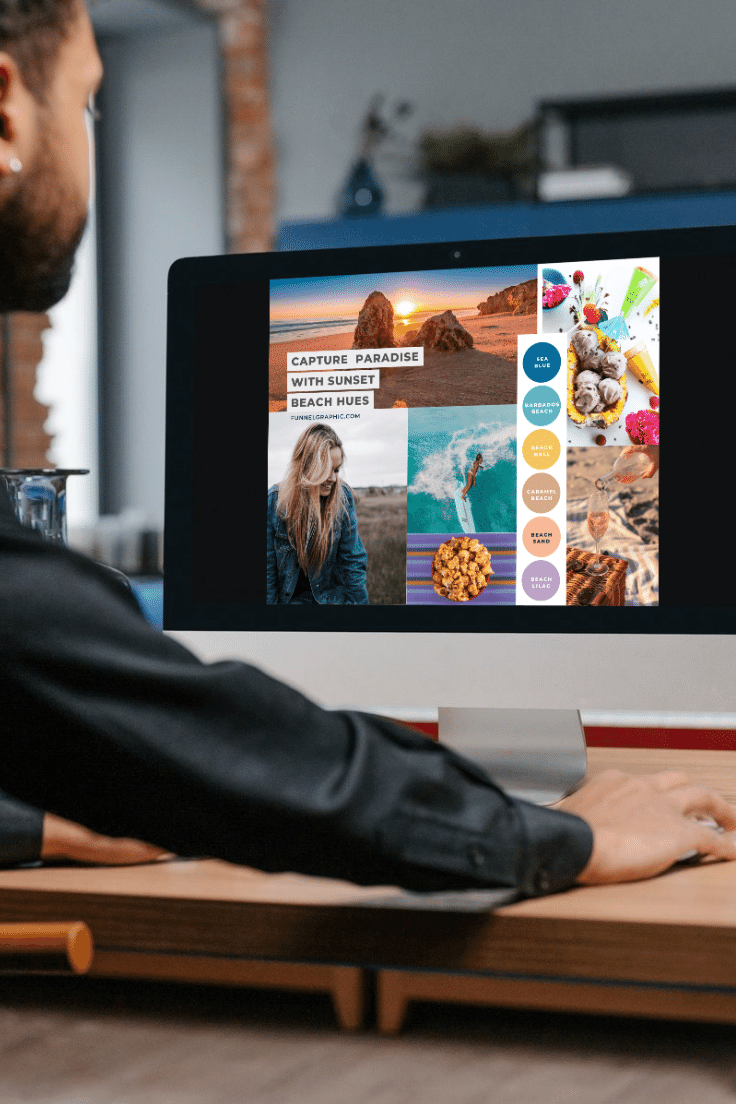 Beach Sunset Premium Canva Color Palette 7 a man using a mac with canva beach sunset color palette on the monitor screen