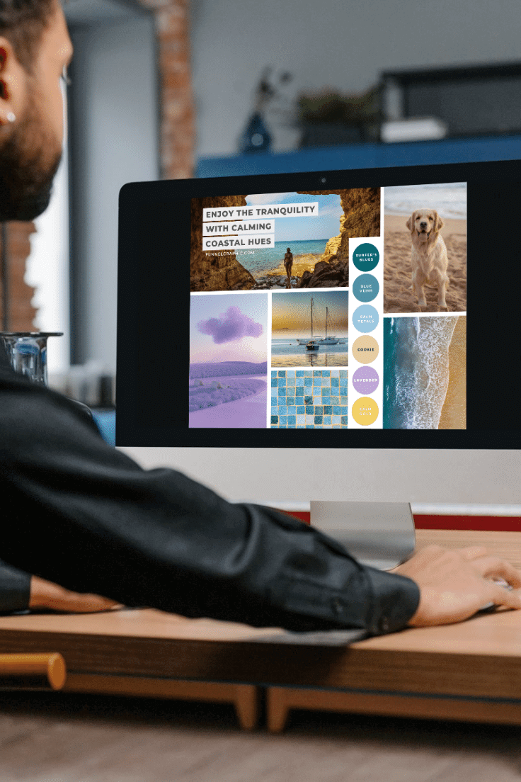 Calming Coastal Premium Canva Color Palette 1 a man using a mac with canva calming coastal color palette on the monitor screen