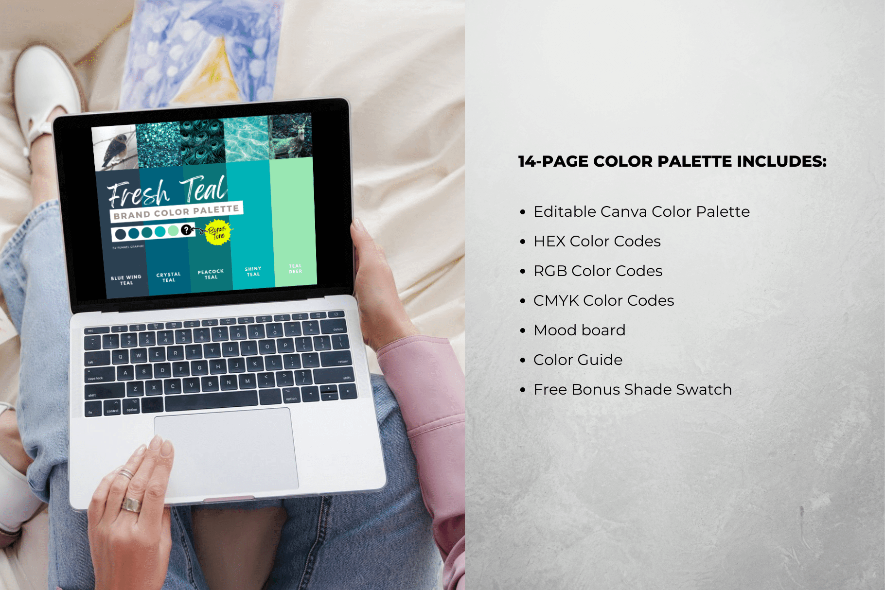 Fresh Teal Premium Canva Color Palette 8 woman with laptop opening a canva teal color palette mockup