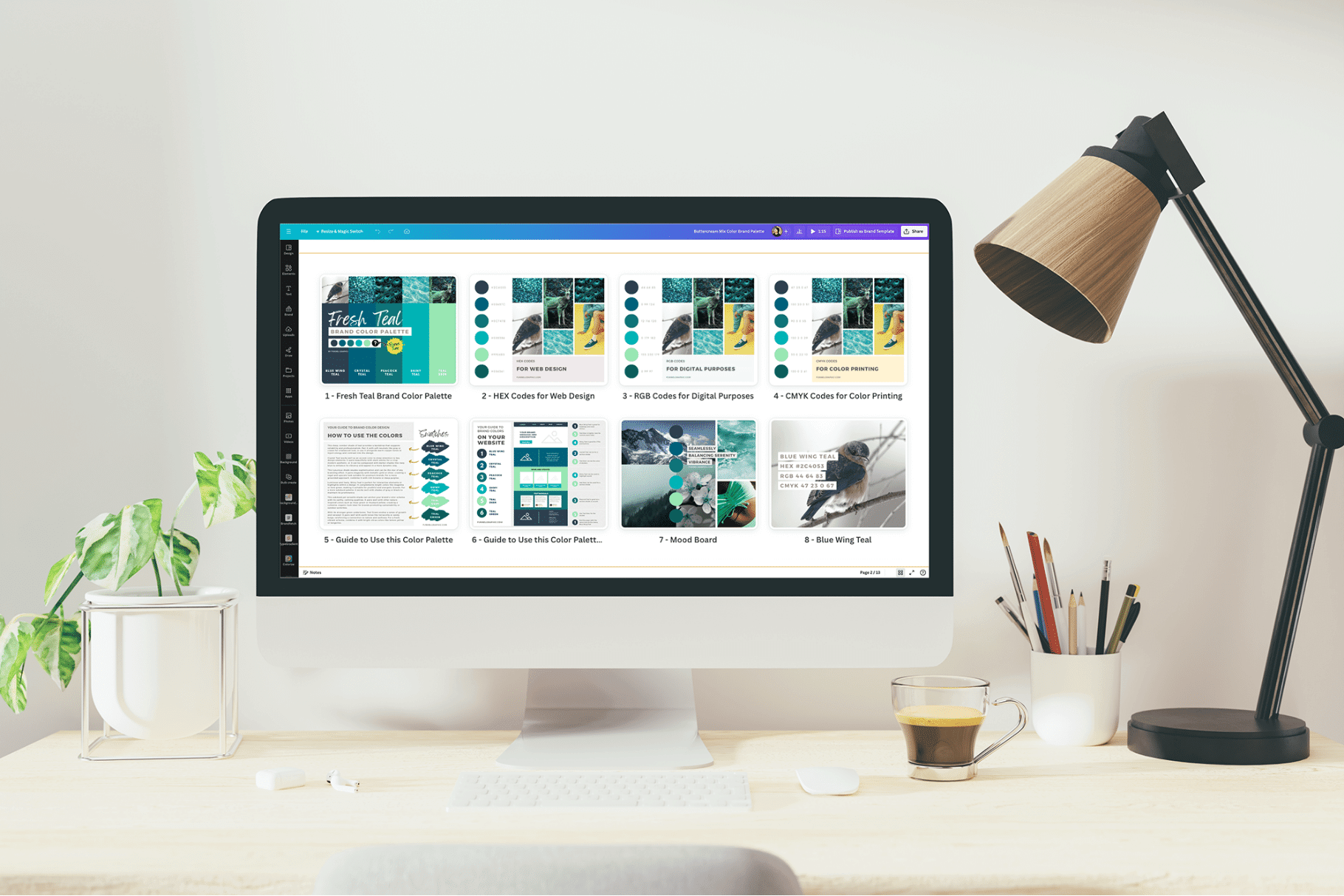 Fresh Teal Premium Canva Color Palette 7 computer screen showing canva with teal color palette pages