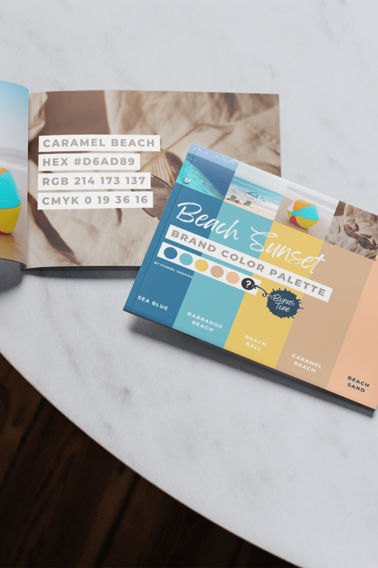 Beach Sunset Premium Canva Color Palette 3 opened and closed books of beach sunset canva color palette on a round table