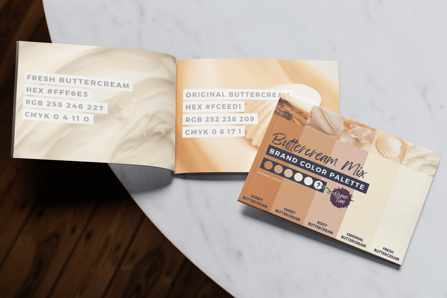 Buttercream Mix Premium Canva Color Palette 5 An open booklet shows buttercream color palettes with hex, RGB, CMYK values; adjacent card highlights "Buttercream Mix" brand palette tones on a table.