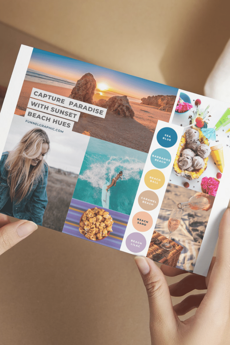 Beach Sunset Premium Canva Color Palette 2 two hands holding a postcard with beach sunset canva color palette branding mood board