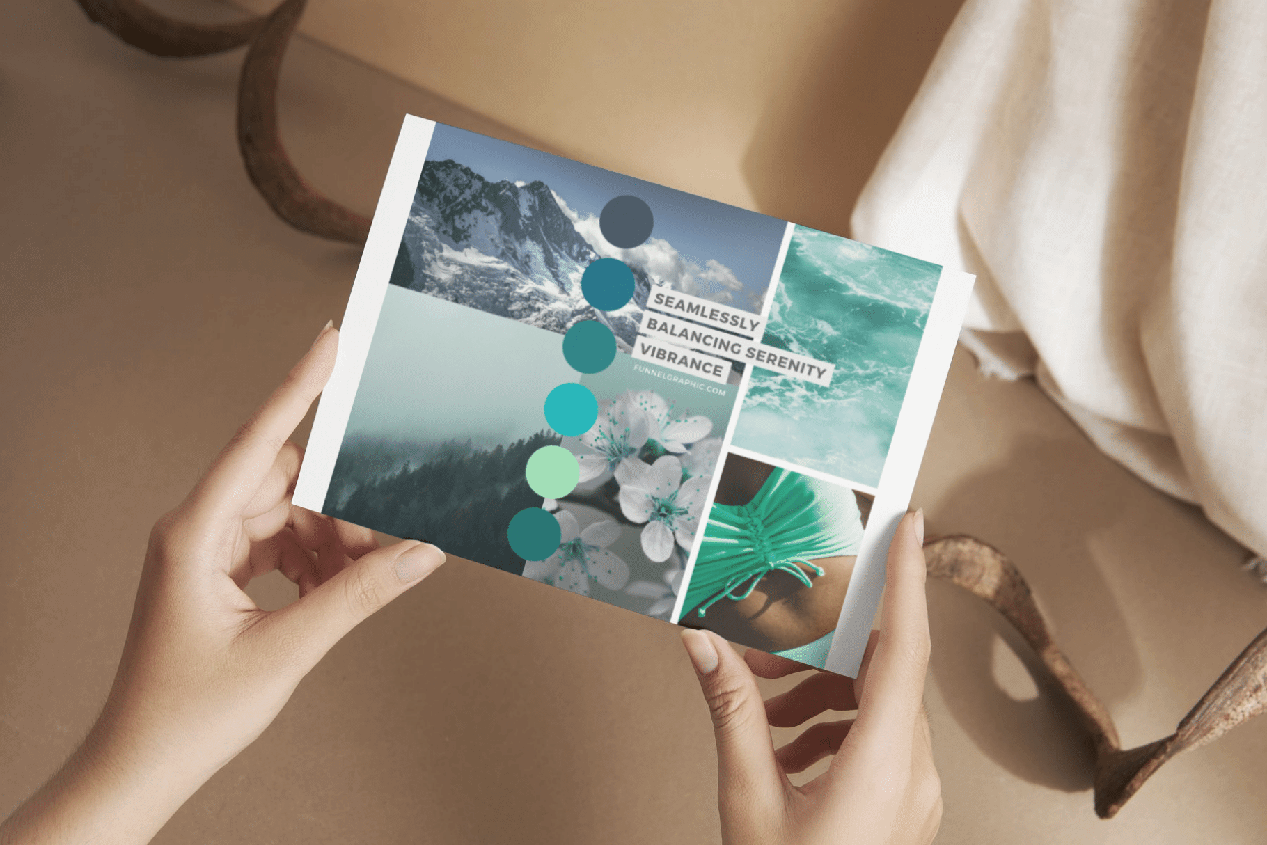 Fresh Teal Premium Canva Color Palette 2 hands holding a postcard with teal mood board