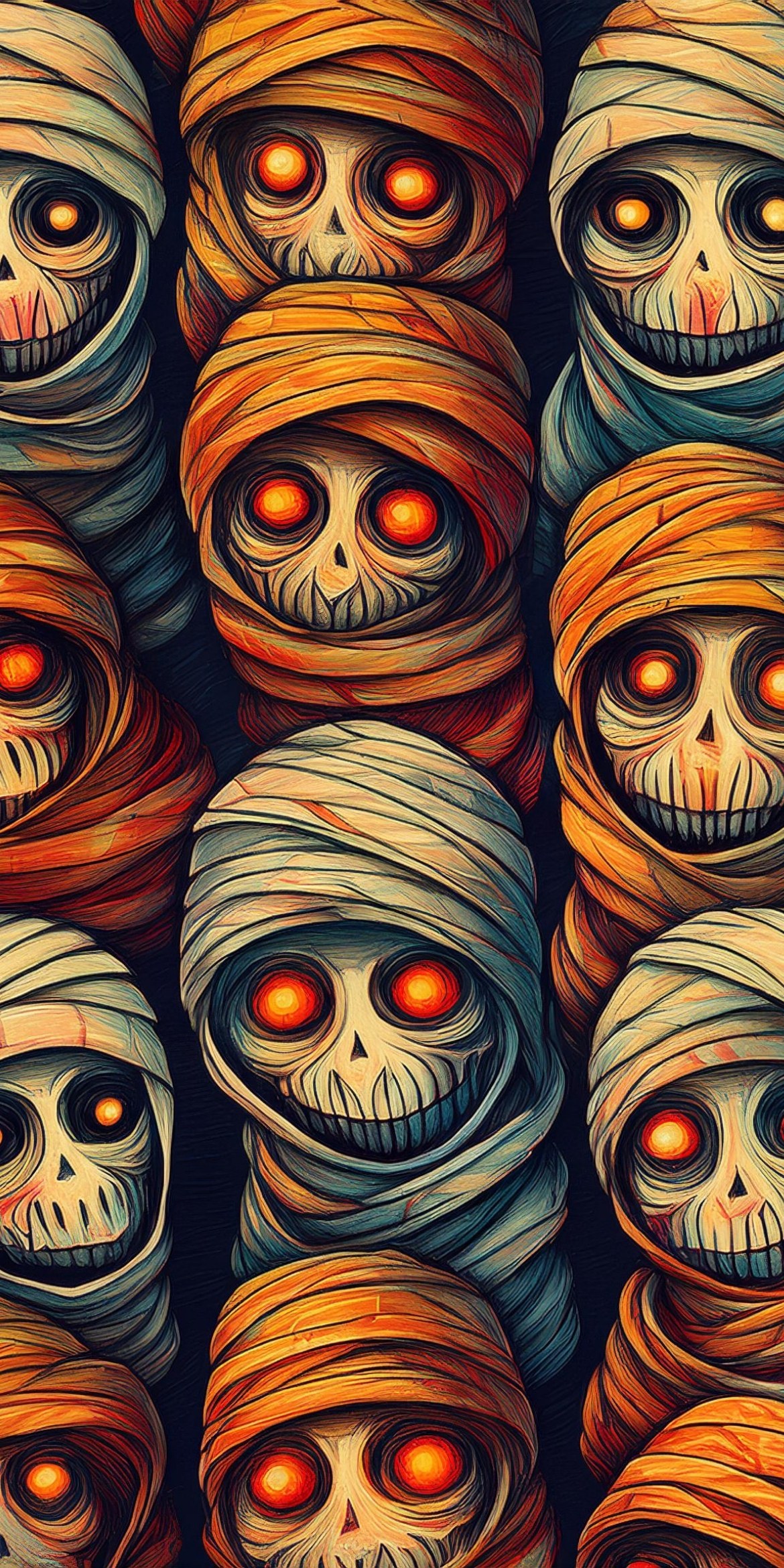 107+ Free Halloween Wallpapers To Download 100 Stylized illustration of multiple skull-like figures with glowing red eyes, wrapped in colorful cloths, creating a haunting, eerie appearance.
