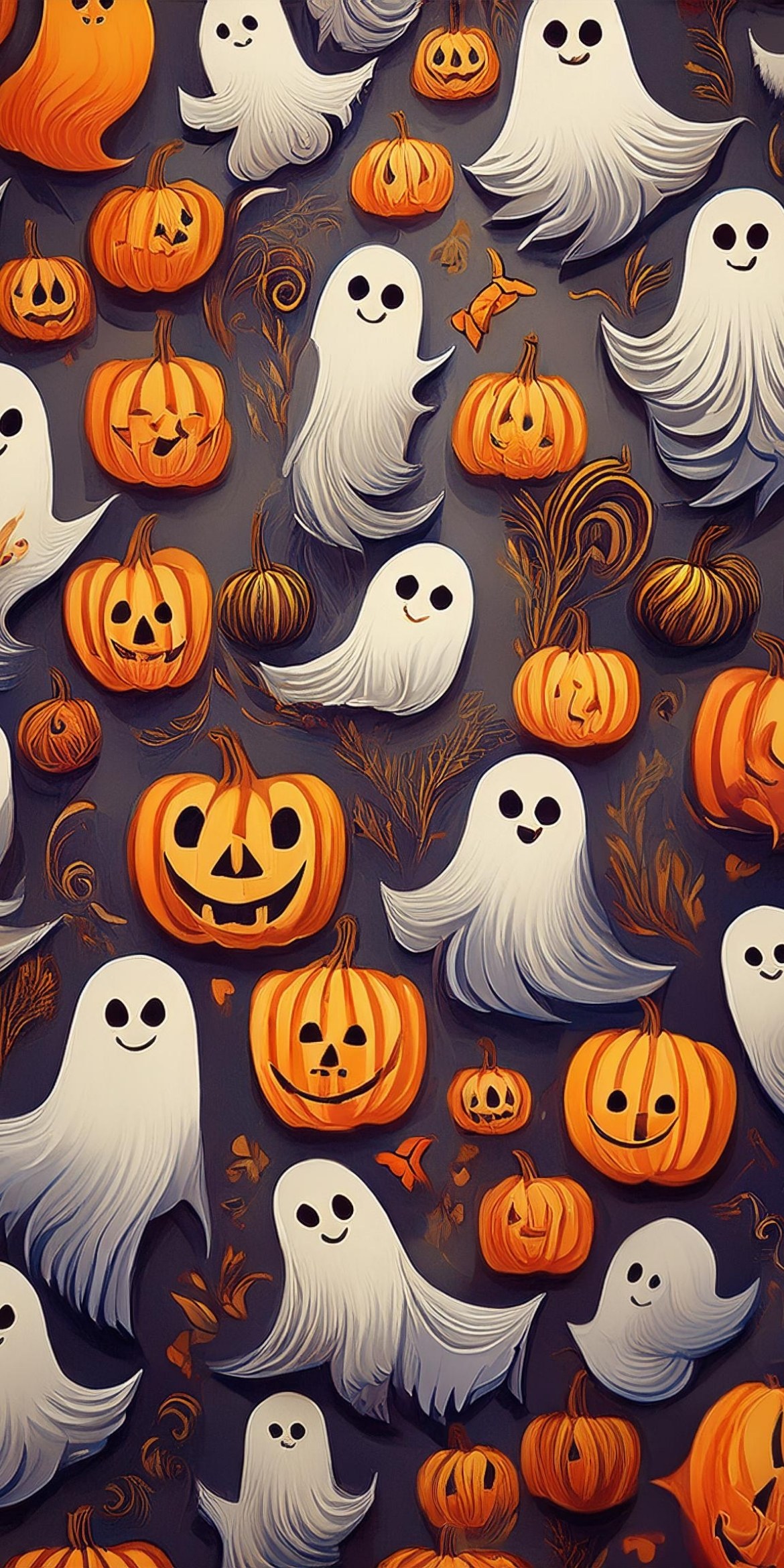 107+ Free Halloween Wallpapers To Download 108 Halloween-themed illustration featuring cheerful ghosts and smiling jack-o'-lanterns on a dark background, creating a festive and playful atmosphere.