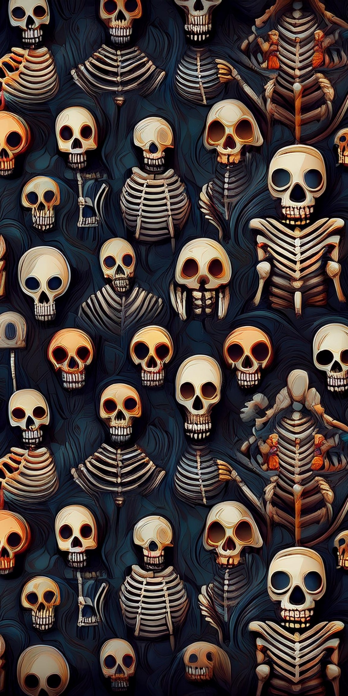 107+ Free Halloween Wallpapers To Download 81 Colorful, cartoon-style skeletons and skulls arranged in a playful, dense pattern with intricate detail, set against a dark background. Whimsical and artistic.
