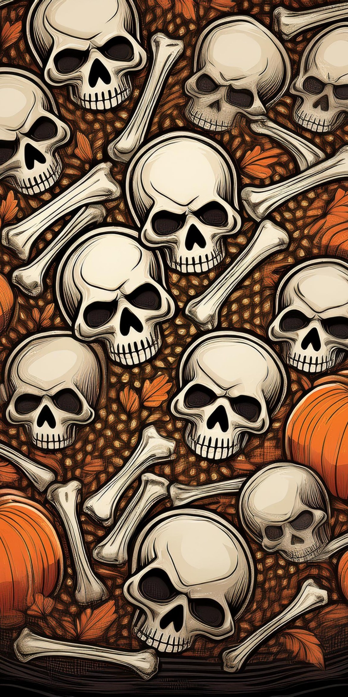 107+ Free Halloween Wallpapers To Download 85 Skulls, bones, and pumpkins arranged on an autumn-themed pattern. Orange leaves and textured background suggest a Halloween or fall setting.