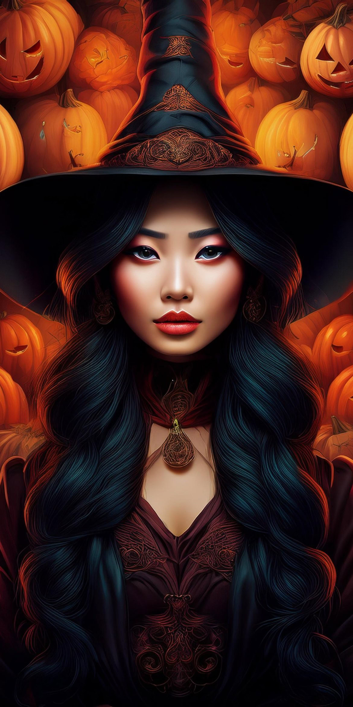 107+ Free Halloween Wallpapers To Download 88 A person in a witch costume stands surrounded by carved pumpkins, featuring a tall hat and long, wavy dark hair. Halloween theme.