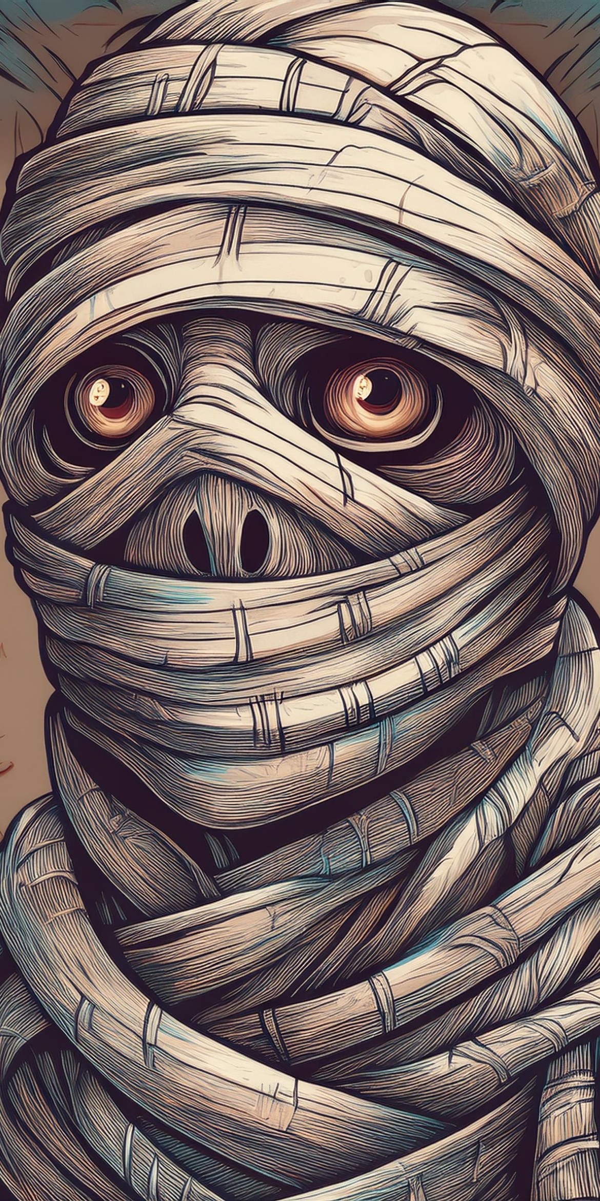 107+ Free Halloween Wallpapers To Download 97 A detailed illustration of a person wrapped as a mummy, with large eyes peeking through intricate, textured bandages.