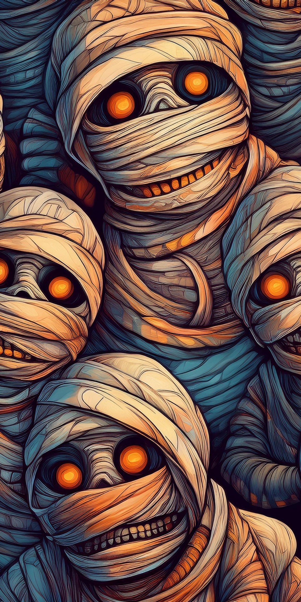 107+ Free Halloween Wallpapers To Download 98 A group of cartoon mummies with glowing orange eyes, wrapped in bandages, creating a spooky, playful atmosphere.