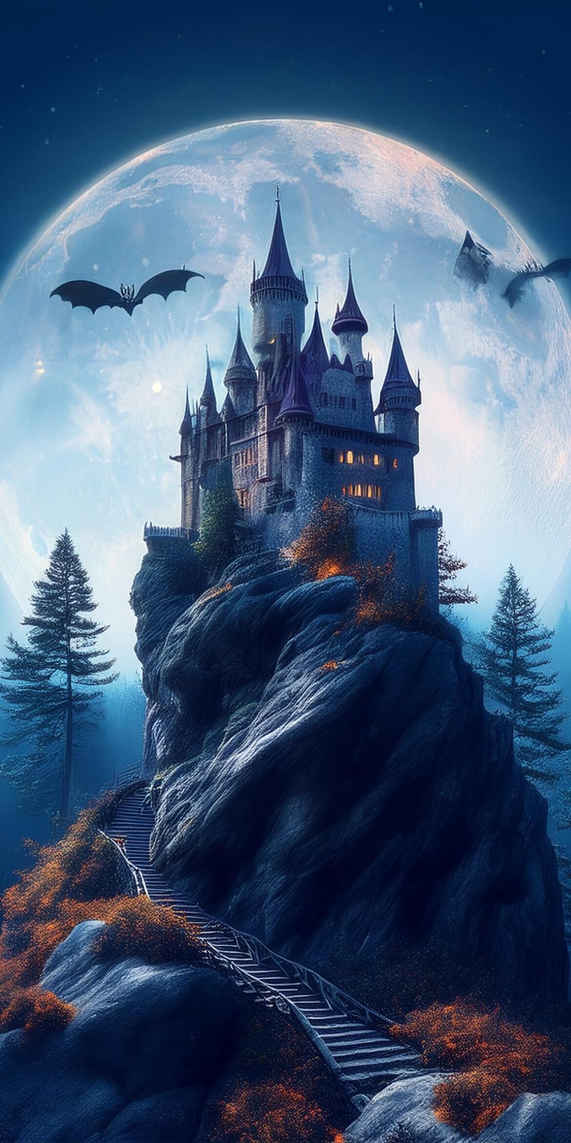 107+ Free Halloween Wallpapers To Download 52 halloween haunted castle on huge rocks giant moon behind with steps bats