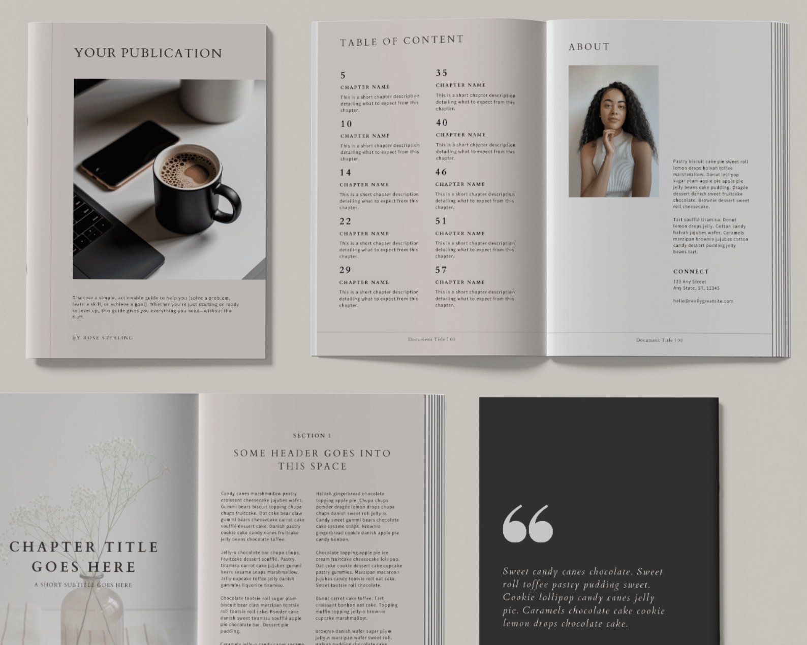 A magazine spread features a coffee, laptop, chapter titles, a person, and text content, with a simple and modern design layout.