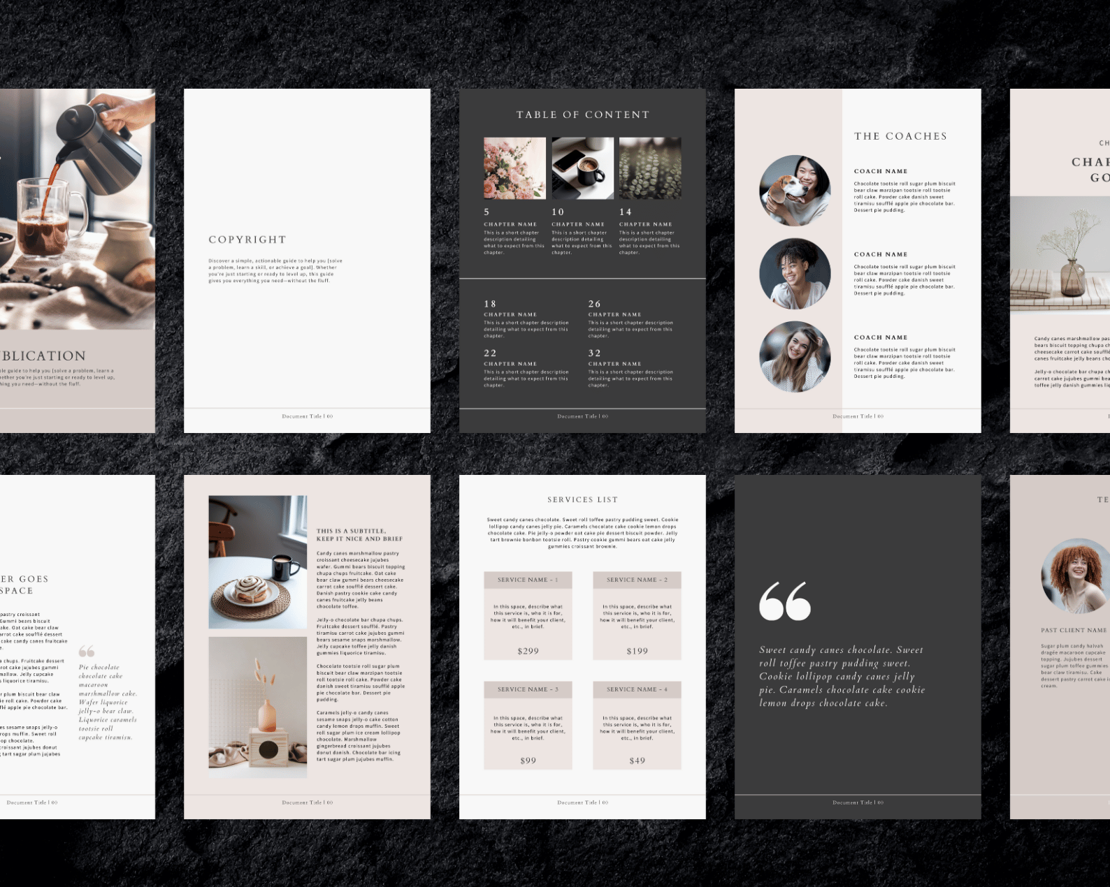 Grid of elegant magazine pages featuring table of contents, copyright, service list, and profiles with images and text. Minimalist design on dark textured background.