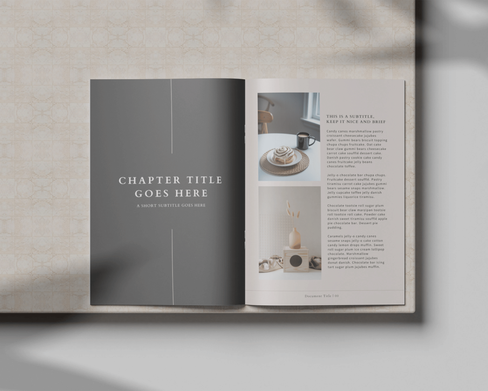 Open magazine showcasing a stylish layout with chapter title, photos of food, and elegant decor on a textured, patterned background.