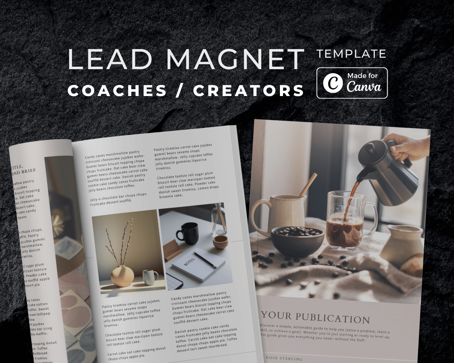 This image showcases a lead magnet template for coaches and creators, designed for Canva, featuring elegant layouts and a coffee-themed aesthetic.